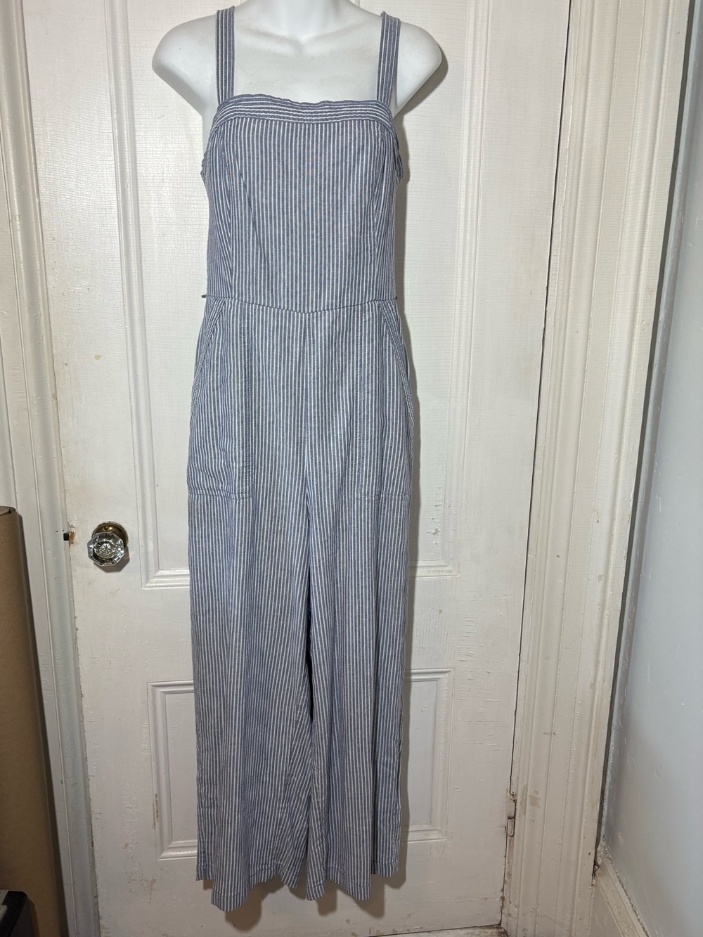 Old Navy striped jumpsuit washable linen blend pockets elastic back Medium